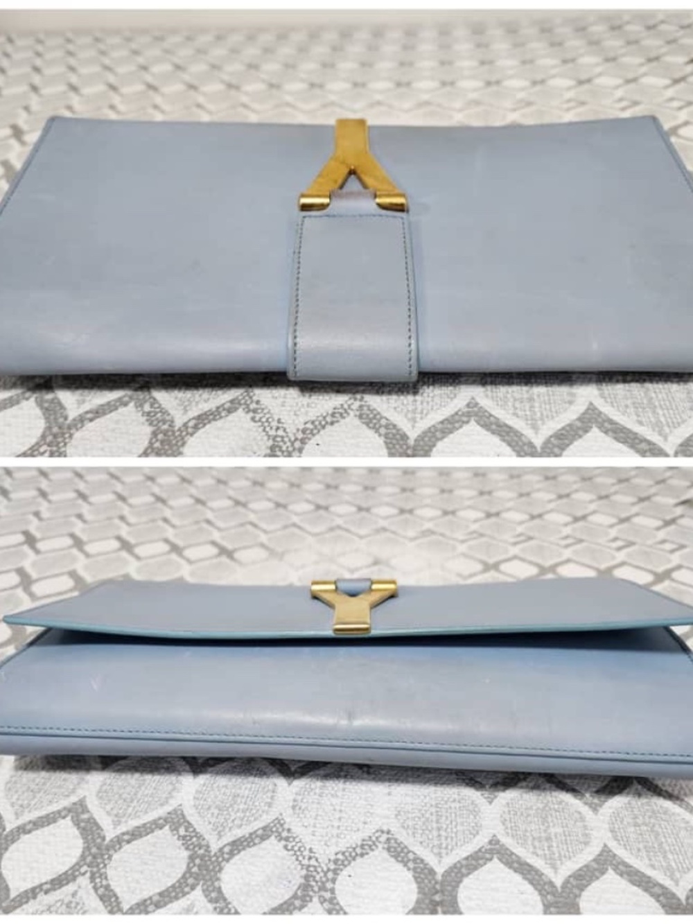 Authentic YVES SAINT LAURENT Calfskin Leather Ligne Y Clutch Bag Blue - Picture 14 of 15